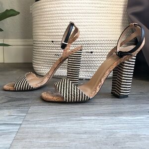 Lulu’s Black Woven Cork Ankle Strap Heels
